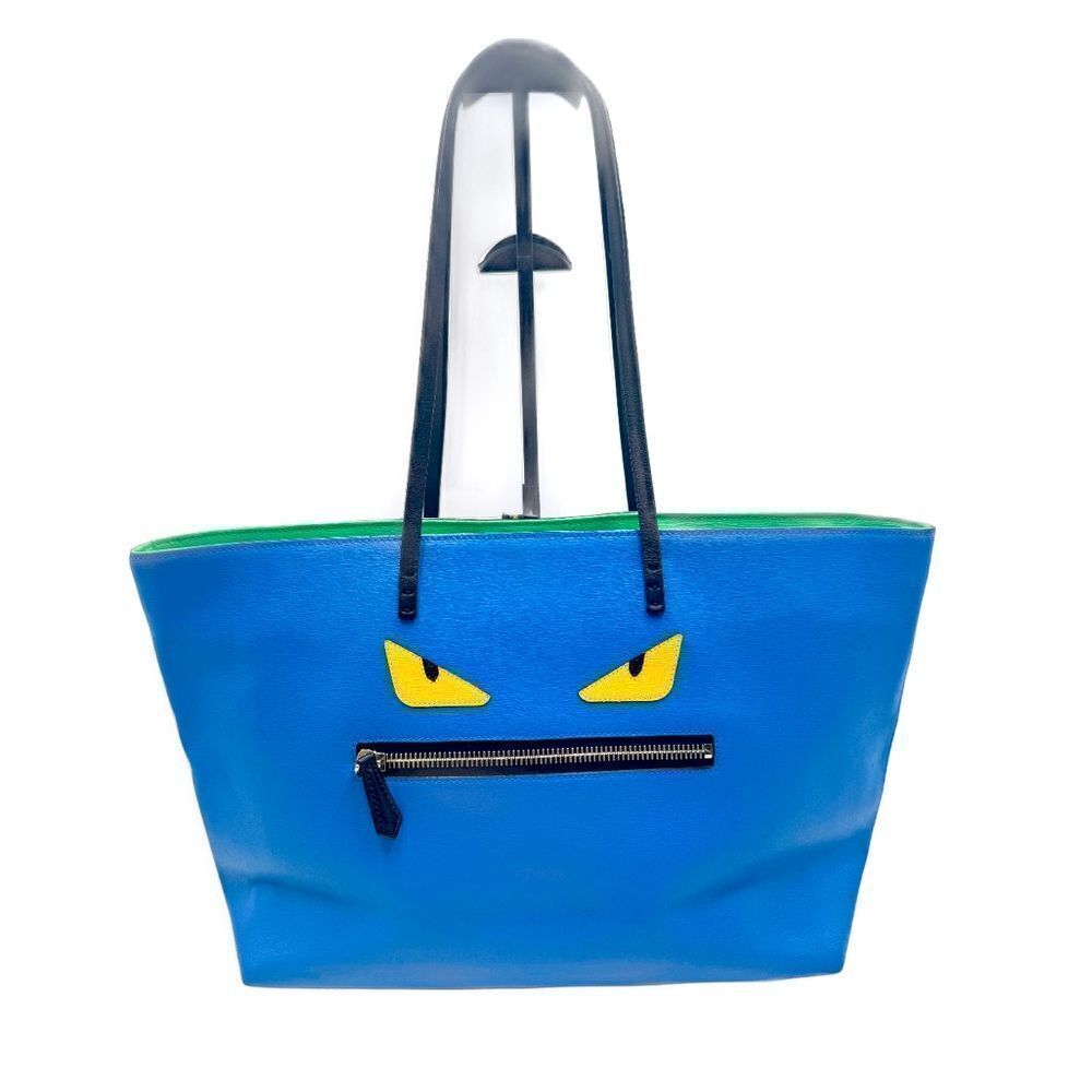 Auth Fendi Blue Leather Monster Bug Eyes Medium Shopper Tote